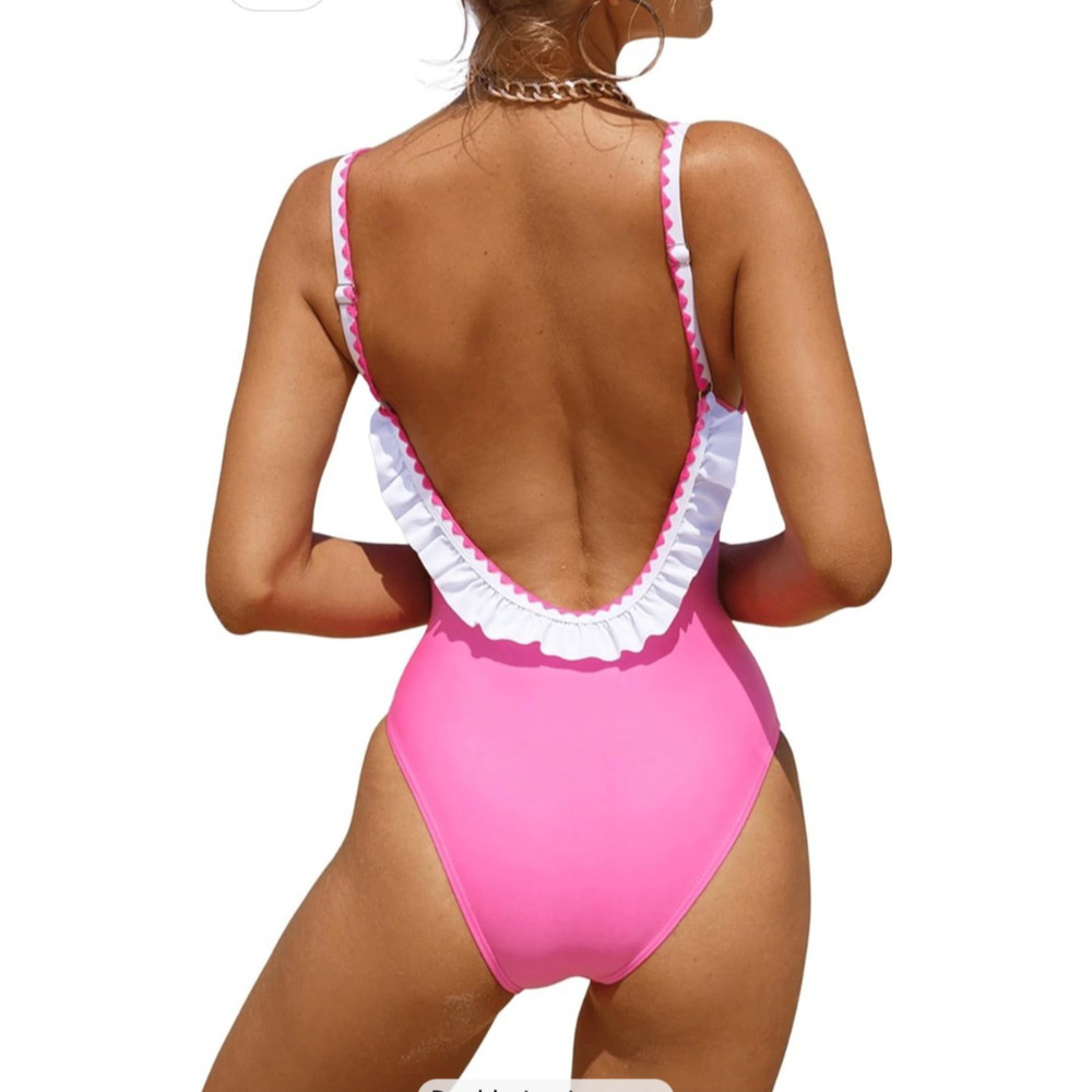 1 Piece Women's Swimsuit Cut Out Ruffled Open Back Pink Small Adjustable Straps